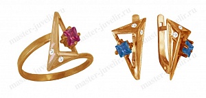 Золотой комплект с разноцветными синтетическими камнями: кольцо и серьги