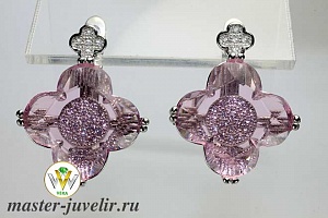 Необычные серебряные серьги с прозрачным розовым и белыми камнями