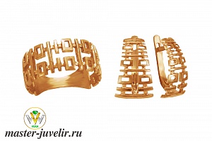 Золотой комплект с необычным узором кольцо и серьги
