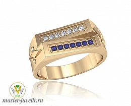 Золотое кольцо для мужчины оригинальной формы с драгоценными камнями