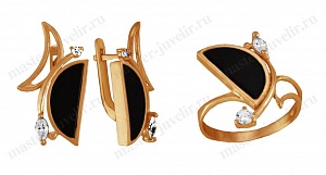 Золотой гарнитур с бриллиантами и черной эмалью: серьги и кольцо