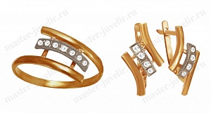 Гарнитур из комбинированного золота: кольцо, серьги Кп105 070-075