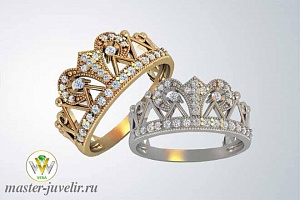Короны обручальные кольца с фианитами в желтом и белом золоте