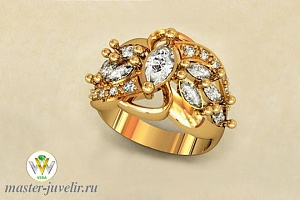 Золотое объемное  кольцо с цирконами