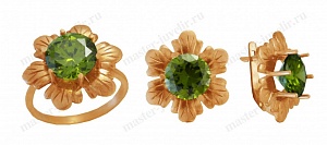 Женский золотой комплект "Цветы" с изумрудами: кольцо и серьги