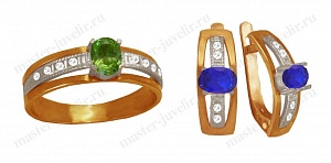Гарнитур со вставками из белого золота и разноцветными камнями: кольцо и серьги