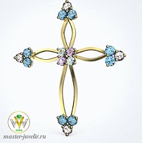 Золотой крестик с топазами белыми, голубыми и розовыми