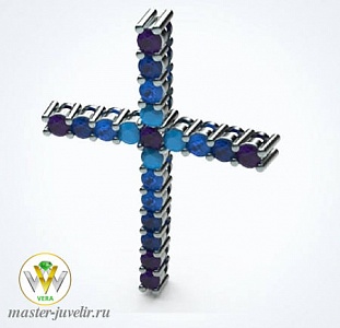 Крестик декоративный серебряный с переливом из синих фианитов