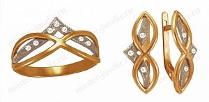 Комплект из комбинированного золота: кольцо и серьги Кп104 520-525