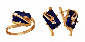 Золотые серьги и кольцо с агатами и фианитами