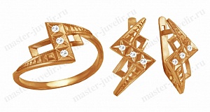 Золотой комплект "Зигзаг": кольцо и серьги