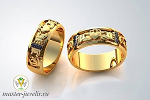 Обручальное кольцо кладдахское с сапфирами и бриллиантами