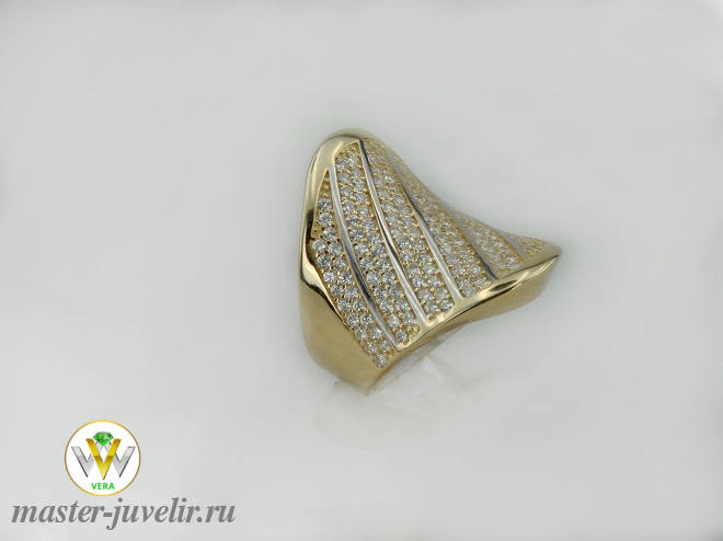 Золотое кольцо ажурное широкое с дорожками из бриллиантов