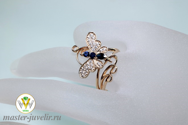 Купить изысканное золотое кольцо бабочка с синими и белыми фианитами в ювелирной мастерской