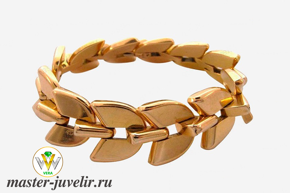 Купить необычный браслет в виде лаврового венка изготовлен из желтого золота в ювелирной мастерской