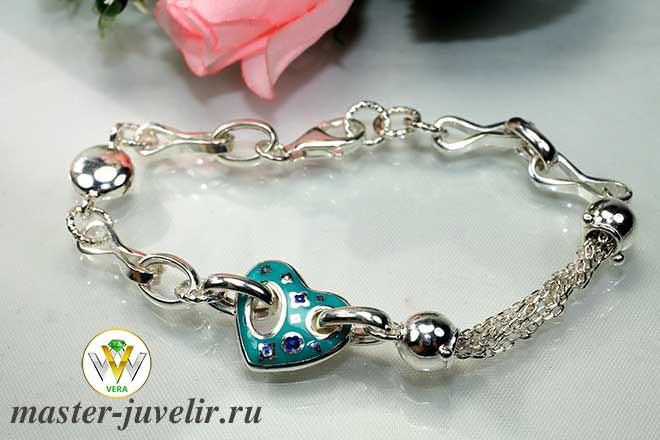 Купить браслет серебряный с звеньями разных форм и с сердечком в ювелирной мастерской