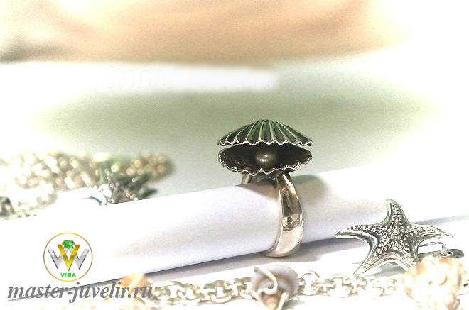 Купить серебряное женское кольцо ракушка с жемчугом в ювелирной мастерской