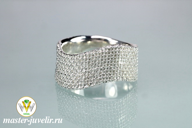 Купить необычное кольцо сетка широкое серебряное  в ювелирной мастерской