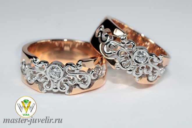 Купить эксклюзивные обручальные кольца в комбинированном золоте с бриллиантами в ювелирной мастерской