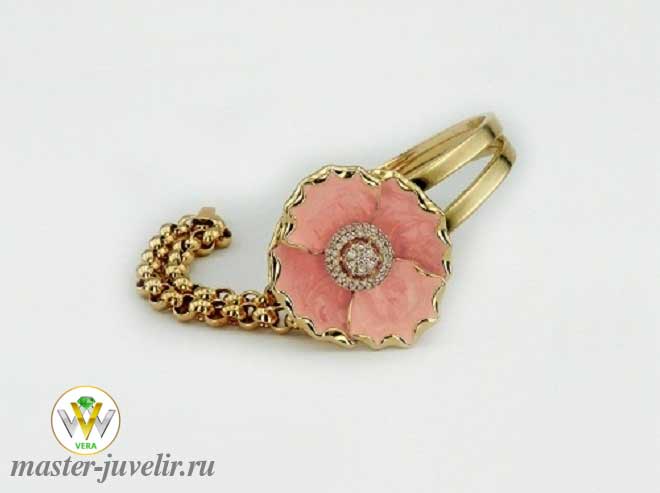 Купить золотой браслет комбинированный плетение шопард жесткая сторона и цветок с эмалью и бриллиантами в ювелирной мастерской