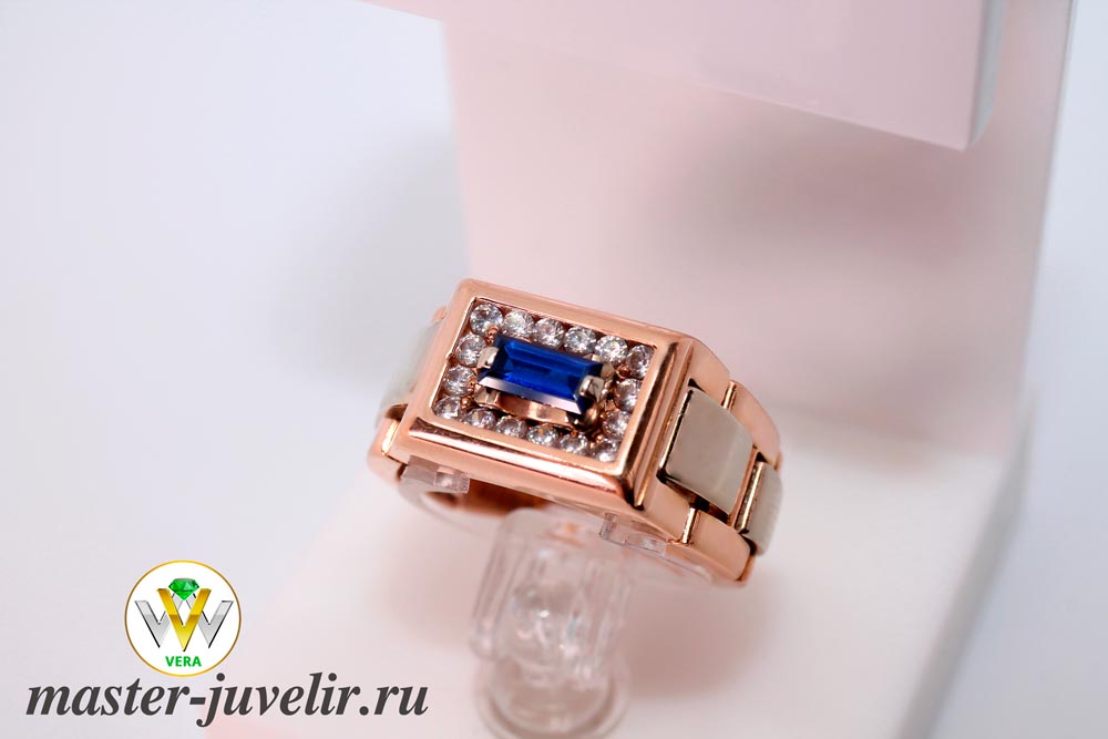 Купить мужское кольцо гибкое в виде браслета с синими и белыми камнями в ювелирной мастерской