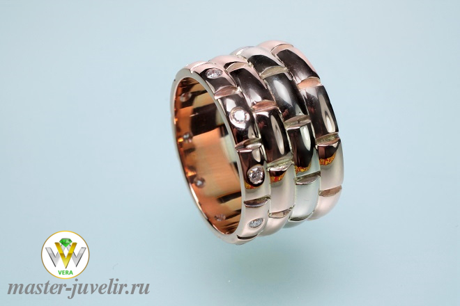 Купить кольцо широкое из комбинированного золота с бриллиантами в ювелирной мастерской