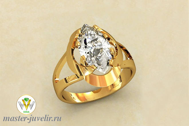 Купить женское  золотое кольцо с большим фианитом в ювелирной мастерской