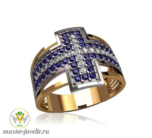 Купить кольцо золотое в виде креста с бриллиантами и сапфирами в ювелирной мастерской