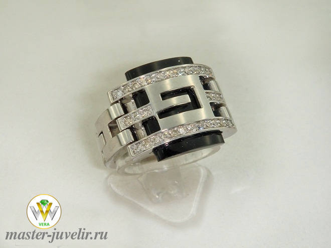 Купить кольцо мужское из белого золота с агатом и бриллиантами в ювелирной мастерской
