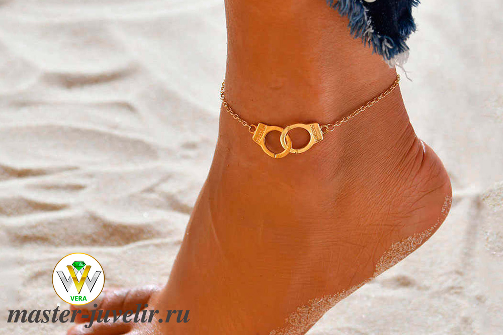 Золотой браслет на ногу в виде наручников на заказ или купить в интернет магазине в Москве, заказать в ювелирной мастерской