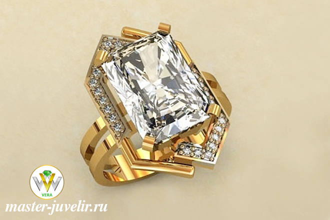 Купить женское золотое кольцо с большим квадратным горным хрусталем и фианитами в ювелирной мастерской