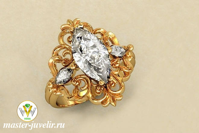 Купить очаровательное женское кольцо с большим камнем - горным хрусталем и белыми топазами в ювелирной мастерской