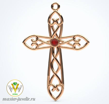 Купить декоративный крестик с сердцами по краям из розового золота с рубином в ювелирной мастерской