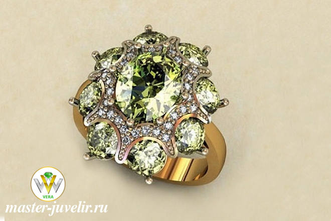 Купить эксклюзивное женское золотое кольцо с хризолитами и бриллиантами в ювелирной мастерской