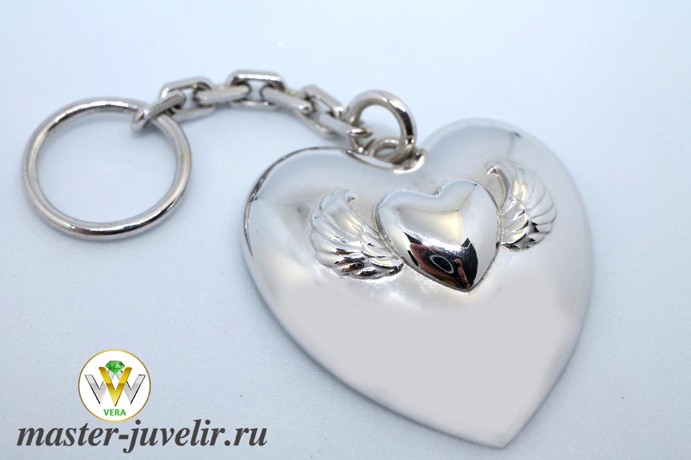 Купить брелок серебряный двойное сердце с крыльями в ювелирной мастерской