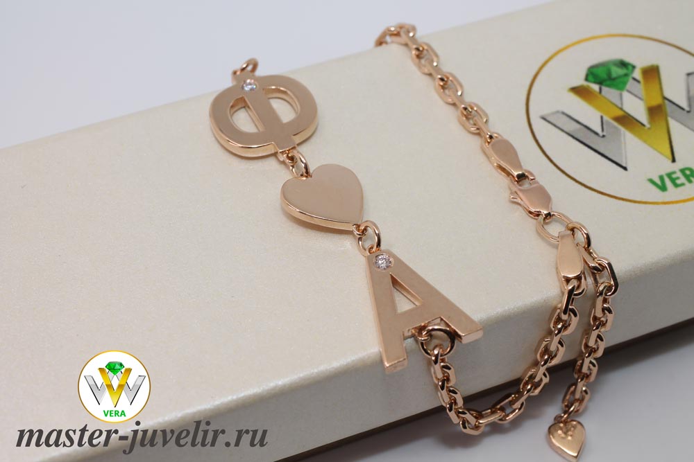 Золотой браслет с инициалами с бриллиантами на заказ или купить в интернетмагазине в Москве, заказать в ювелирной мастерской