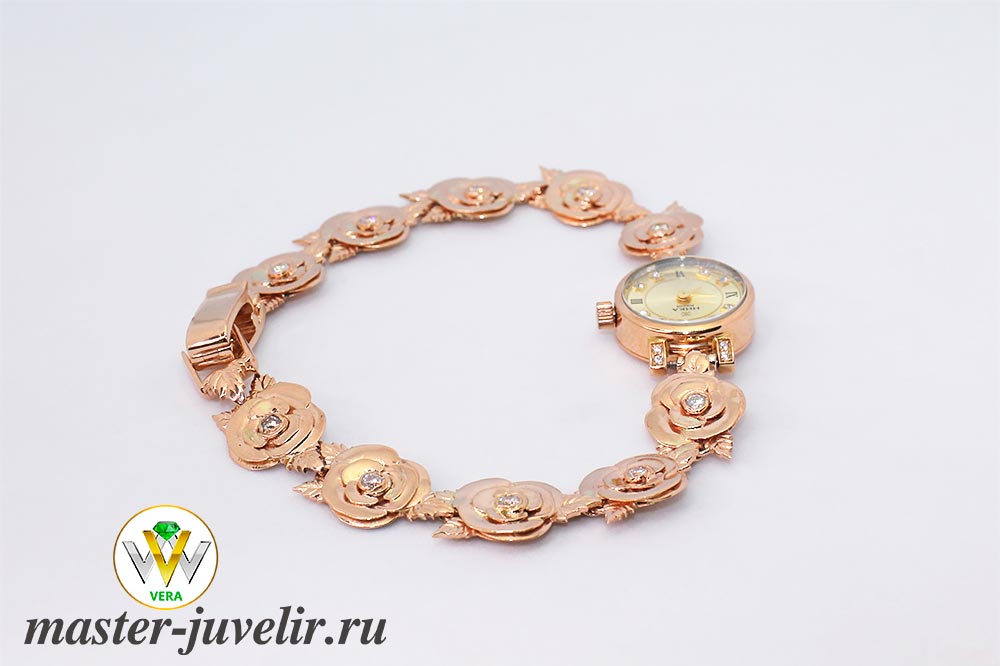 Купить золотой часовой браслет розочки с камнями в ювелирной мастерской