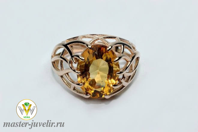 Купить кольцо печатка женское золотое широкое с цитрином в ювелирной мастерской