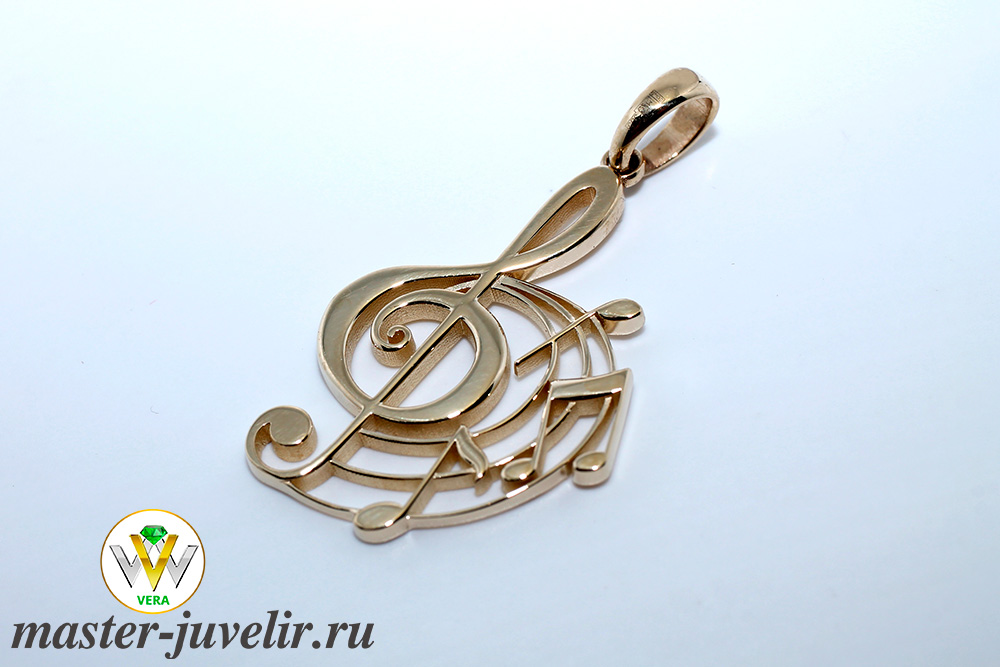 Кулон из золота скрипичный ключ с нотами