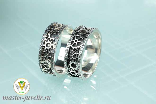 Купить серебряные обручальные кольца шестеренки с чернением в ювелирной мастерской