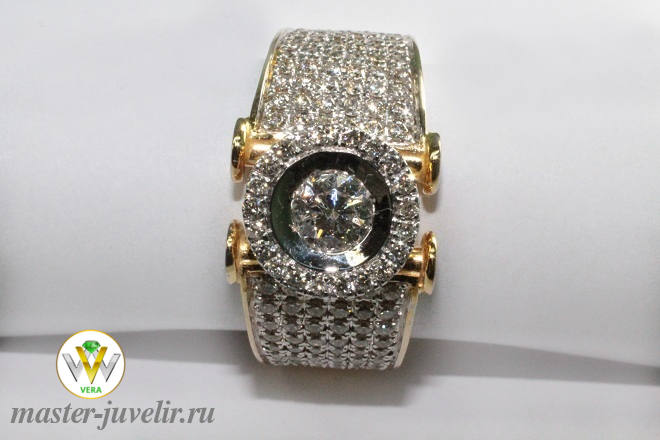 Купить эксклюзивное золотое кольцо широкое с бриллиантами в ювелирной мастерской