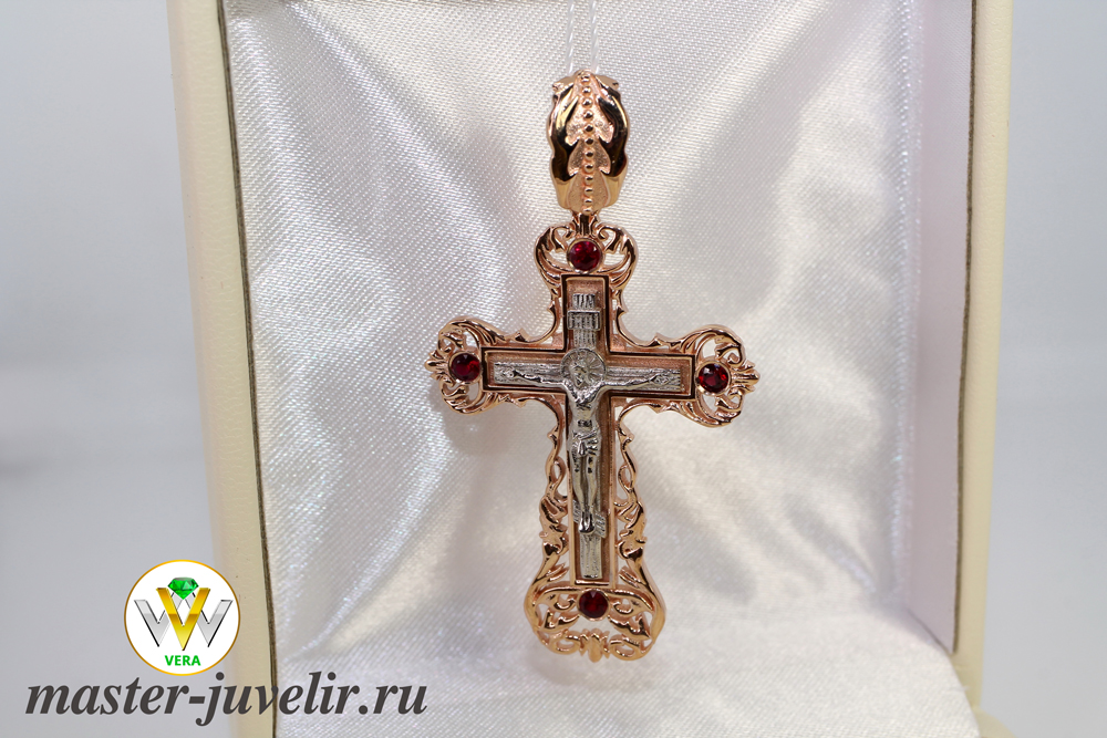 Золотой крестик Иисус Христос с рубинами