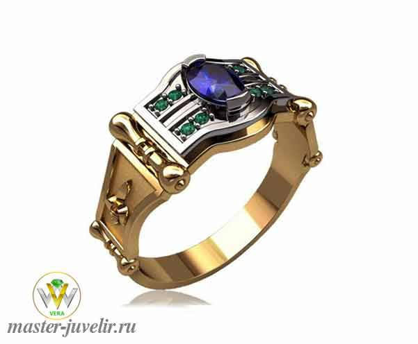 Купить кольцо перстень из желтого и белого золота с сапфиром и изумрудами в ювелирной мастерской