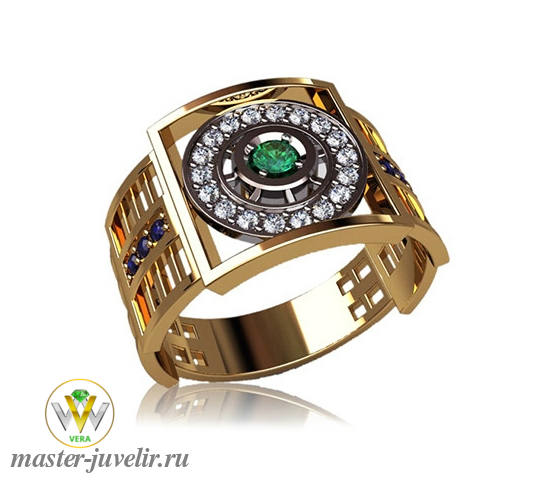 Купить золотое широкое кольцо мужское с бриллиантами, сапфирами и изумрудом в ювелирной мастерской