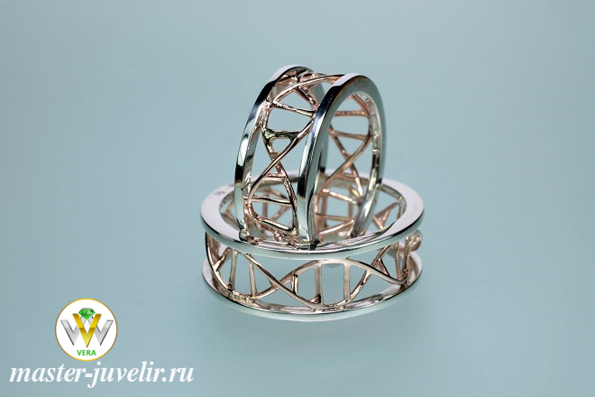 Обручальные кольца ДНК комбинированные из золота и серебра 