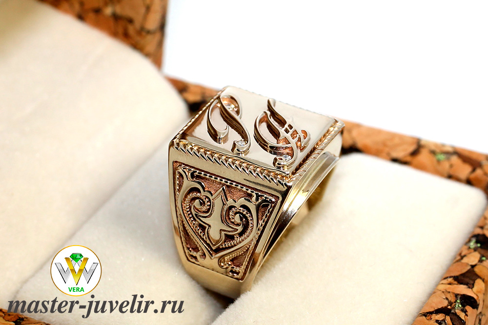 Золотая печатка перстень с инициалами и бриллиантами на заказ или купить винтернет магазине в Москве, заказать в ювелирной мастерской, заказать иликупить
