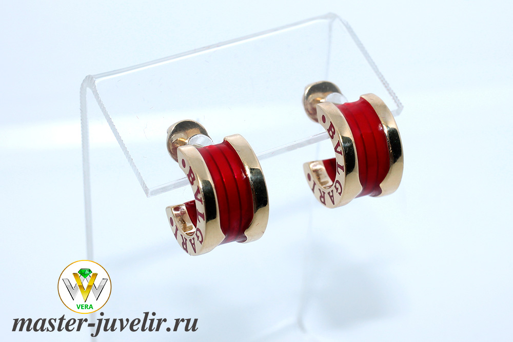 Золотые серьги (реплика BULGARI) с красной эмалью