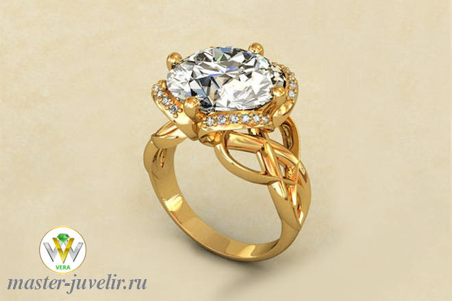Купить кольцо золотое с круглым аметистом и дорожками из бриллиантов в ювелирной мастерской