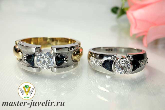 Купить обручальные кольца широкие с сапфирами и бриллиантами в ювелирной мастерской