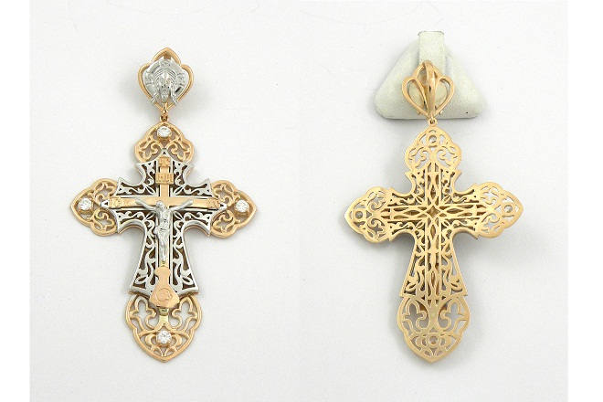 Купить эксклюзивный крестик из комбинированного золота с бриллиантами  в ювелирной мастерской